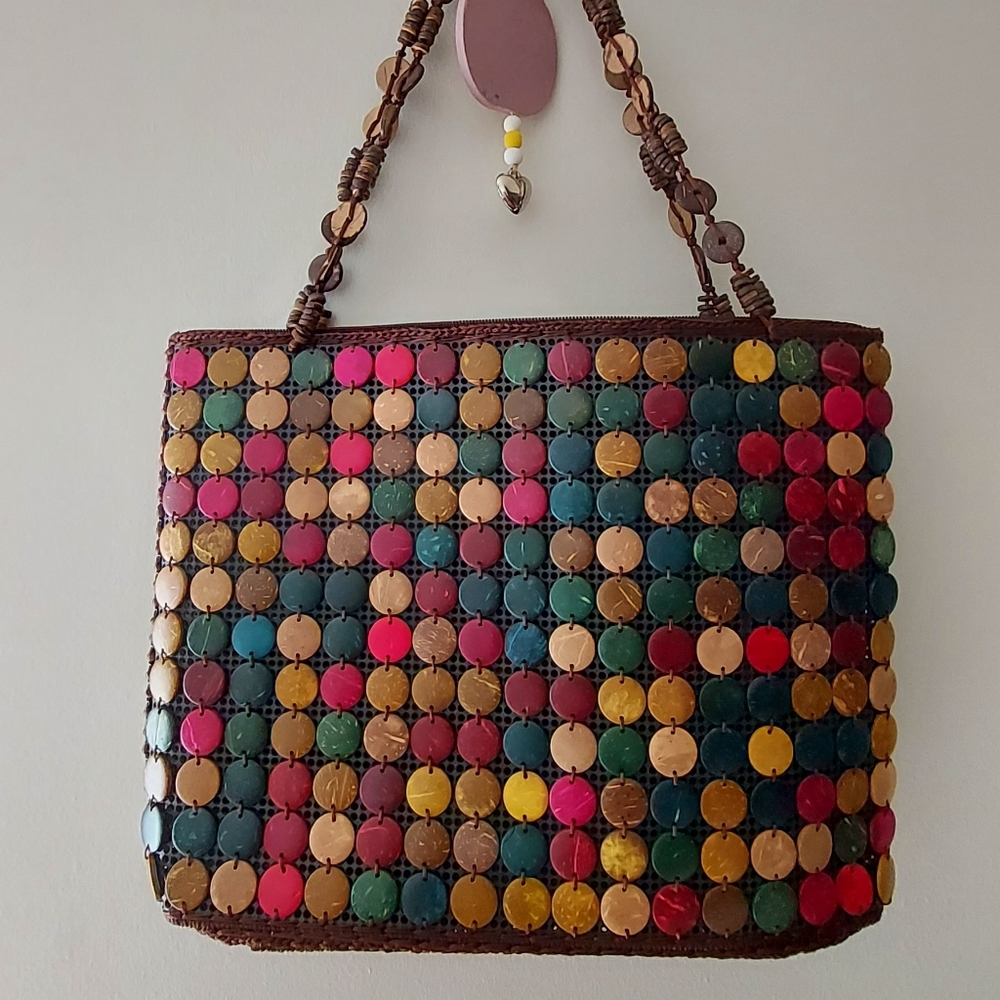Beautiful boho wood beads carry tote